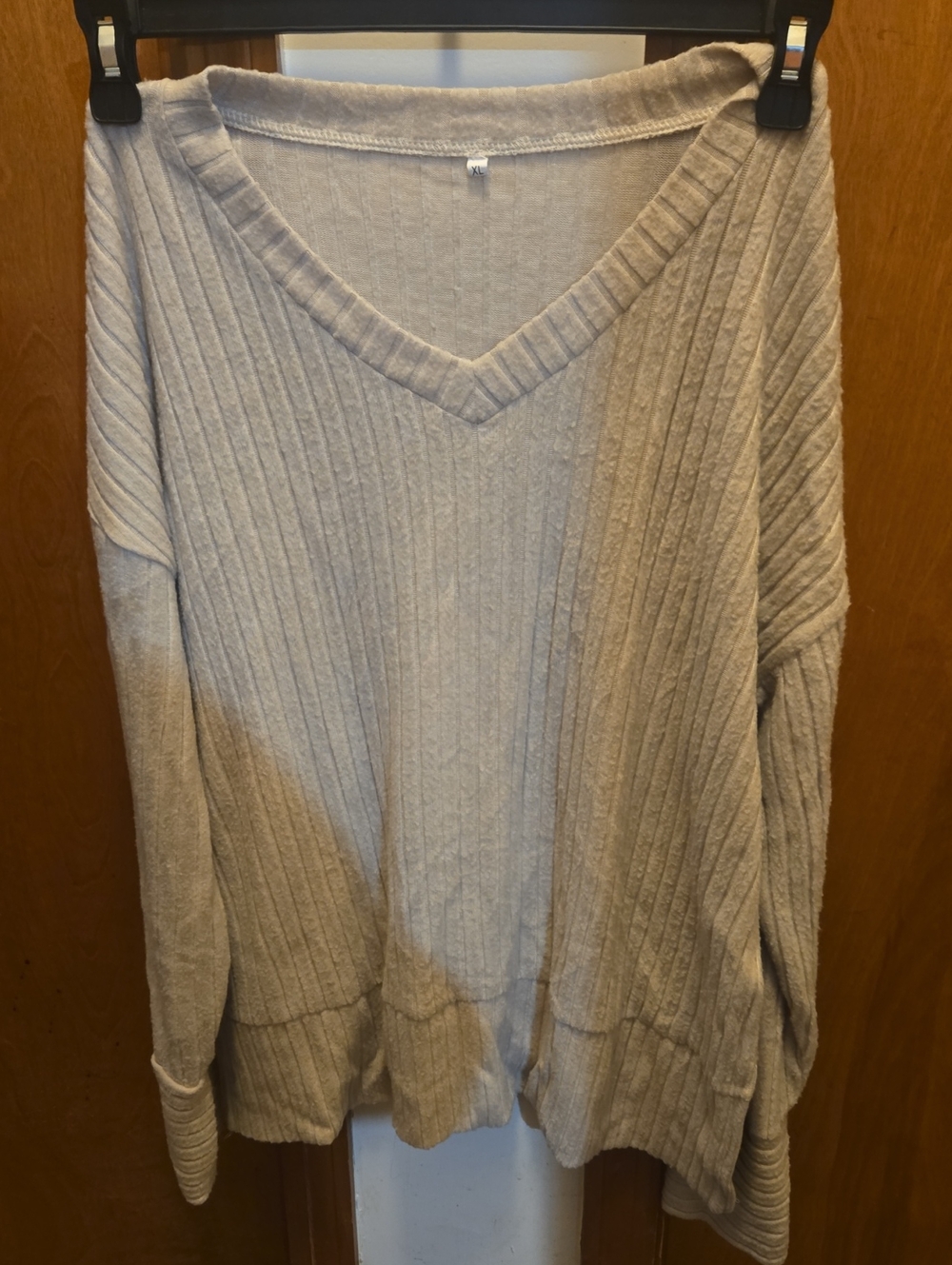V-Neck Ribbed Long-Sleeve Sweater in Light Beige